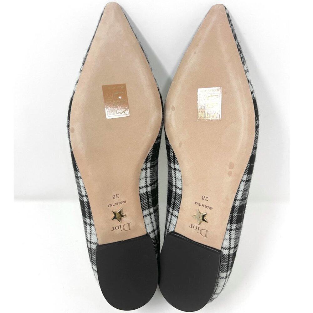 Dior‎ J’Adior Plaid Flats Tartan Wool Pointed Toe Logo Trim Black White 38 - Picture 9 of 11
